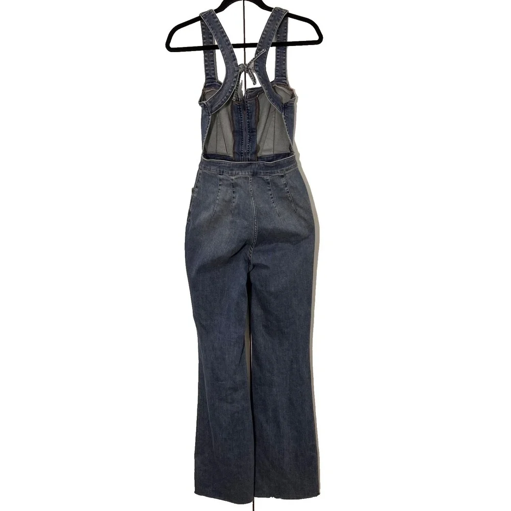 We The Free People Denim Jumpsuit Size 4 Flare Raw Hem Western Boho Hippie